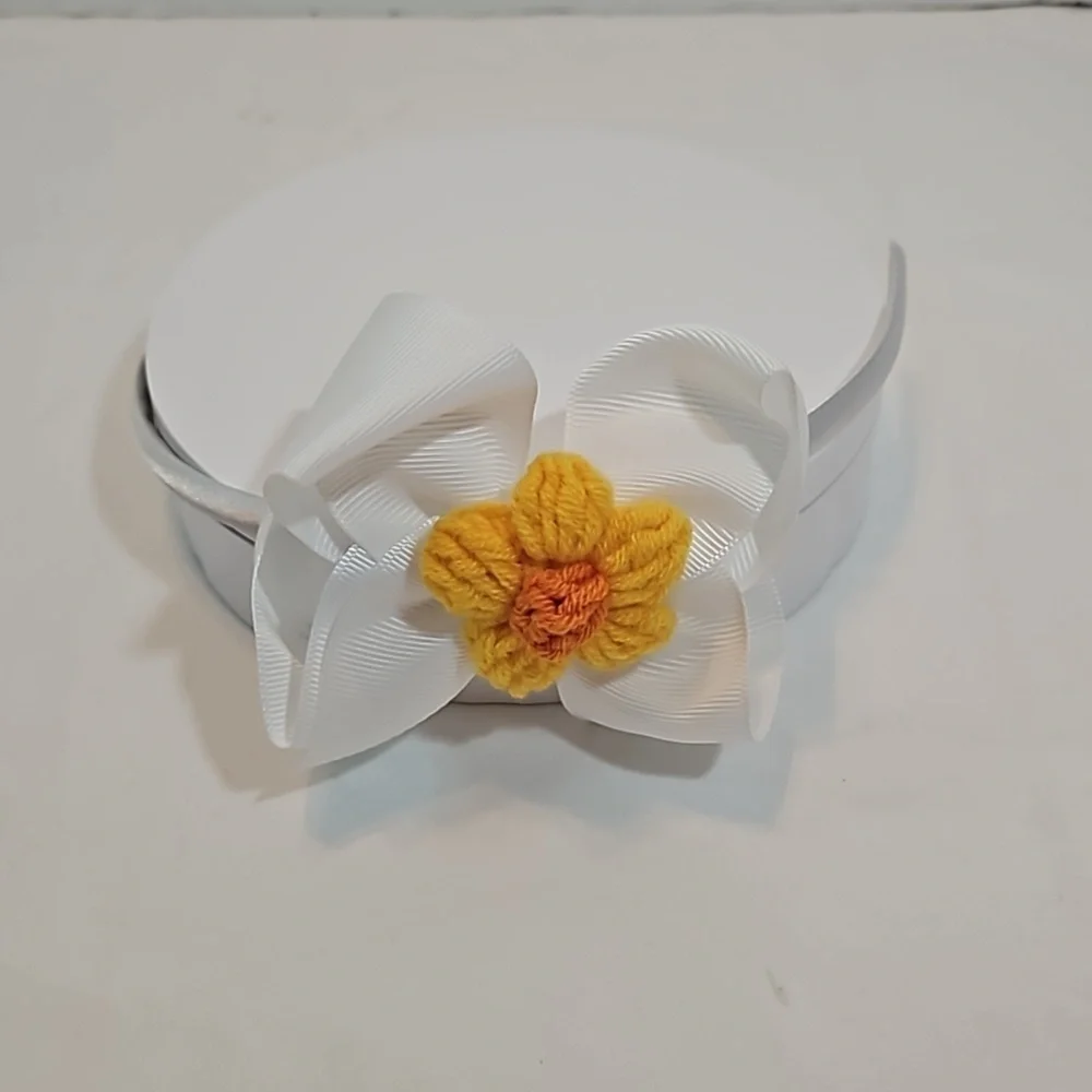 Hand Crafted White Bow Hairband Hand Knit Crochet Yellow Puffy Flower Coquette